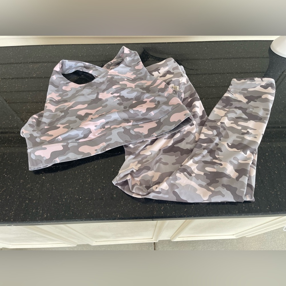 Pink and Grey Camo Print Sports Bra and Crop Leggings Set